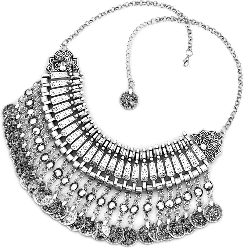 CCBFY Long Tassel Chunky Boho Coin Statement Necklace For Women Silver - Image 4